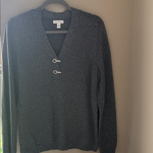 Charter Club Dark Gray V-Neck Sweater with Buckle Detail - Picture 1 of 4
